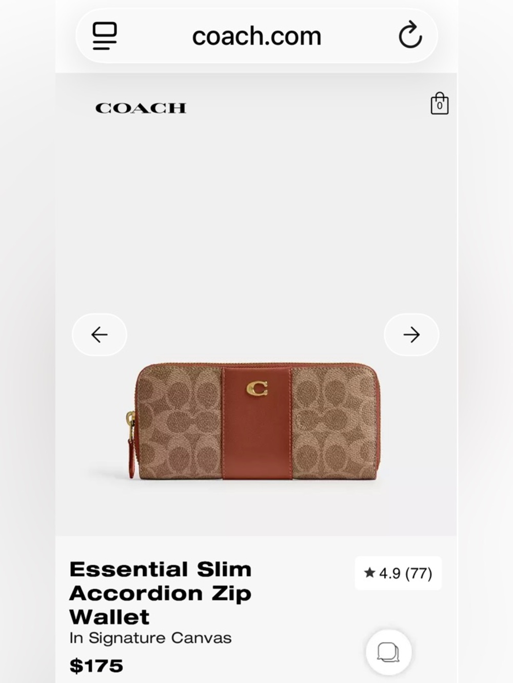 Coach Essential Slim Accordion Zip Wallet in Brass/Tan NWT